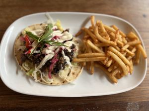 Eggplant gyros with fries   at Yulli's Brews in Alexandria