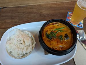 Eggplant curry hotpot with rice. at Yulli's Brews in Alexandria