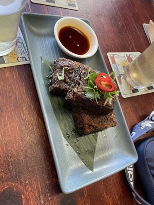 Garlic chive fritters  at Yulli's Brews in Alexandria