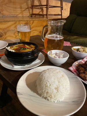 Hot pot, rice and potato saladd  at Yulli's Brews in Alexandria