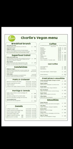 Charlie's Cafe & Bakery Vegan Menu at Charlie's Cafe in North London