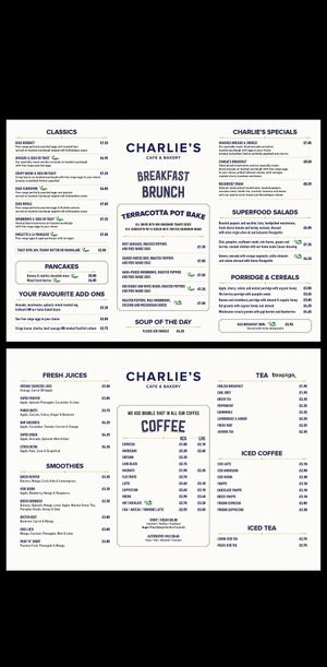 Charlie's Cafe & Bakery Standard Menu
Includes lots of Vegetarian & Vegan Options at Charlie's Cafe in North London