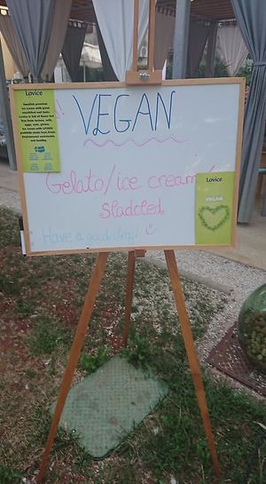 Vegan ice cream sign.

Photo by: Sara H. on Facebook at Hedonist Lounge Bar Bistro in Novigrad