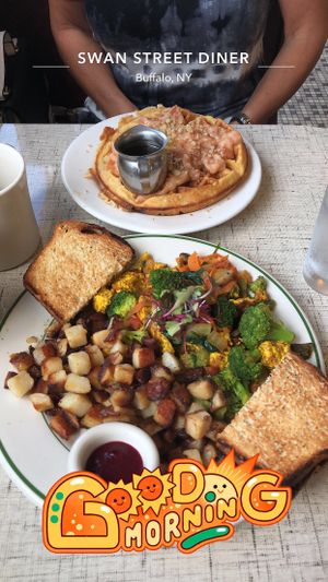 Vegan waffle special with amazing peaches and the tofu scramble   at Swan Street Diner in Buffalo