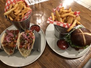 Baja “ish" Tacos and Renegade burger at Renegade Kitchen & Craft Bar in Kelowna