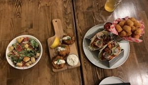 Caesar salad, crab cakes and tacos with tots!  at Renegade Kitchen & Craft Bar in Kelowna