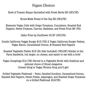 Vegan menu at Elements Eatery and Mixology in Lexington Park