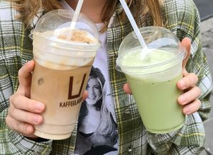 Iced caramel latte, Rachel, and oat milk matcha frappe at Kaffeeladen in Linz