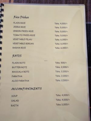 menu, page 5 at Krishna Vegetarian Restaurant in Zanzibar