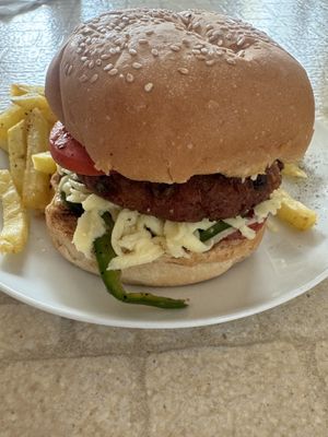 Veggie burger  at Milan's Restaurant in Moshi