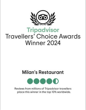 Travelers choice award from 2015 to 2024   at Milan's Restaurant in Moshi