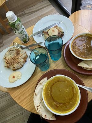 Pastel de calabaza, pastel de espinacas and two vegan soups at Papas Elvira in Granada