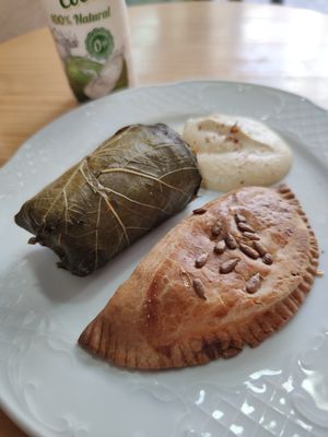 Stuffed grape leaf with rice and pumpkin & Empanada with tofu at Papas Elvira in Granada