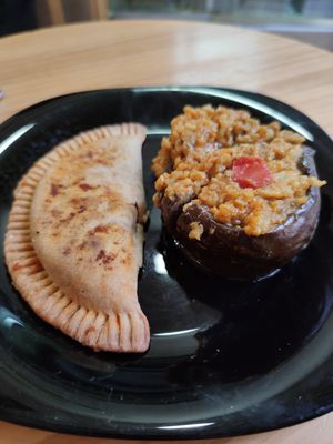 Stuffed eggplant with rice and vegetables & Empanada with soy at Papas Elvira in Granada