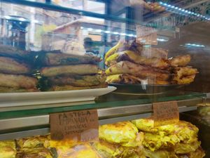 Different types of vegan pastelas at Papas Elvira in Granada