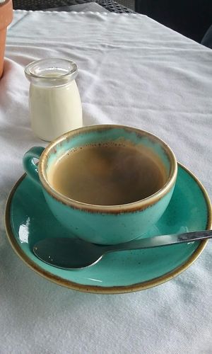 this small pot of oat milk was for our 2 coffees. at Salt Shack Cafe in Hayling Island