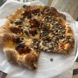 large vegan 1/2 and 1/2, salsa, pizza, and mushrooms and onion pizza  at Full Of Life Flatbread in Los Alamos