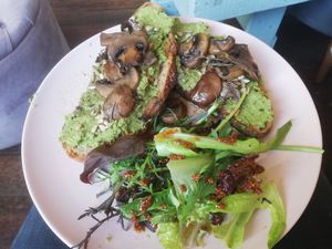Peas on toast with mushrooms at The Old Gun Shop Café & Pantry in Lancaster