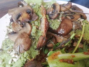 Peas on toast with mushrooms  at The Old Gun Shop Café & Pantry in Lancaster