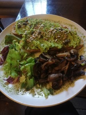 Peas on toast with mushrooms at The Old Gun Shop Café & Pantry in Lancaster
