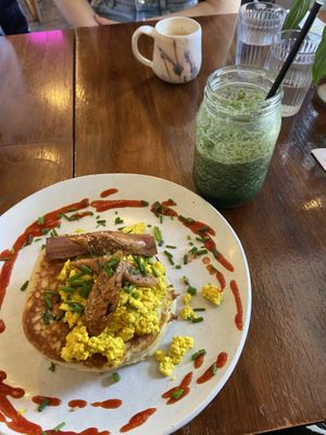 vegan egg pancakes and green smoothie   at The Old Gun Shop Café & Pantry in Lancaster
