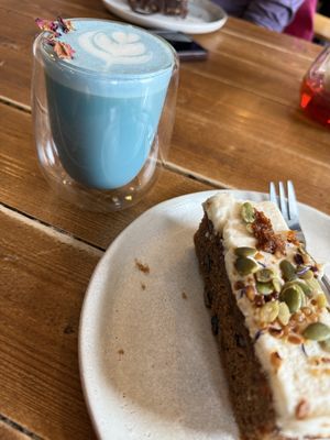 Mermaid matcha and carrot cake  at The Old Gun Shop Café & Pantry in Lancaster