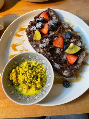 French toast with tofu scramble at The Old Gun Shop Café & Pantry in Lancaster