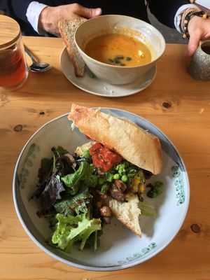The vegan breakfast butty and vegan soup at The Old Gun Shop Café & Pantry in Lancaster