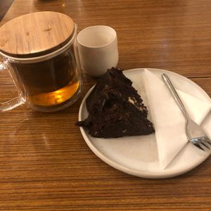 A chocolate mint cake and some mint green tea! It was so delicious 😋 at The Old Gun Shop Café & Pantry in Lancaster