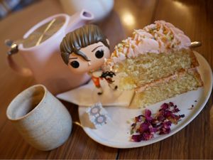 I took some pictures with my Pop vinyl and the food at the Herbarium! The cake was pistachio and the tea was a fruity fairy flavour. Was absolutely delicious! at The Old Gun Shop Café & Pantry in Lancaster