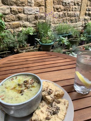 Soup of the Day with hummus on toast in The Herb’s new Yarden 🌱🌱 at The Old Gun Shop Café & Pantry in Lancaster