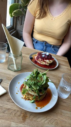 Vegan brunch stack and vegan pancakes at The Old Gun Shop Café & Pantry in Lancaster