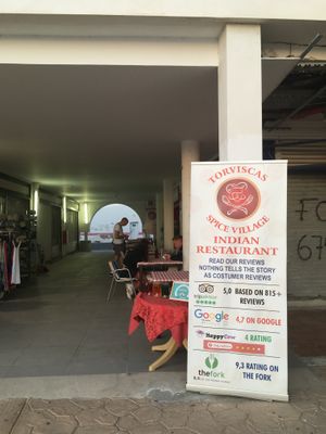 The terrace and the entrance is on the right at Torviscas Spice Village in Tenerife