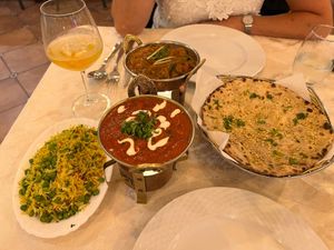 Green Peas Pulao, Soya Chicken Tikka Masala, Soya Chicken Rajasthani and Garlic Tandoor Roti at Torviscas Spice Village in Tenerife