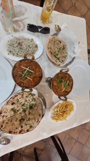 Veg meat bhunas, garlic rice, chips, chapatis at Torviscas Spice Village in Tenerife