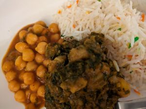Channa masala and saag aloo with pilau rice at Torviscas Spice Village in Tenerife