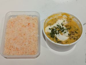 Vegan soy chicken korma and coconut rice at Torviscas Spice Village in Tenerife