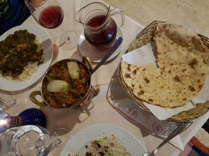 Garlic bread, mushroom rice and curries at Torviscas Spice Village in Tenerife