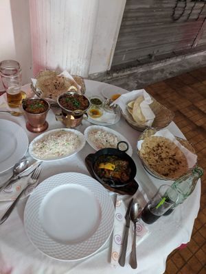 "lamb" korahi, "lamb" balti, bhindi bhaji, pilau rice, chapatis, poppadoms at Torviscas Spice Village in Tenerife