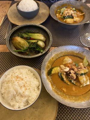 Massaman curry and side of tenderstem broccoli & pak choi   at Giggling Squid in Bath