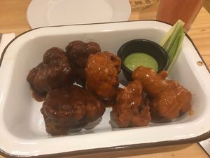 Buffalo and BBQ Cauliflower.  A lot of their options are fried and were heavy with oil.  at Lúcuma in Guadalajara