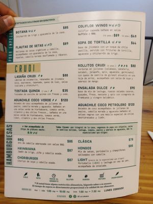 El menú at Lúcuma in Guadalajara