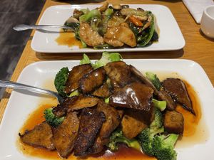 Beef & Broccoli + Chicken w. Garlic sauce   at Bodai Vegetarian in Brooklyn