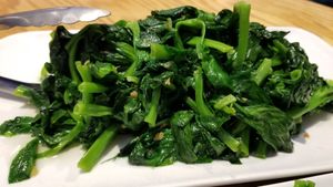 Sauteed pea pod leaves at Bodai Vegetarian in Brooklyn