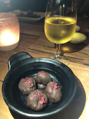 Petit four: Cashew freeze dried raspberry chocolates (vegan) at The Gunyah Restaurant in Huskisson