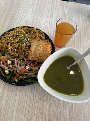 Menu of the day. The food is seasoned so perfectly. The atmosphere is welcoming and the staff are all very friendly! I ate here probably 4-5 times during my week here in Bogotá!   at Vegano Oculto in Bogota