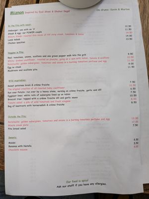 Menu at Miznon in Vienna