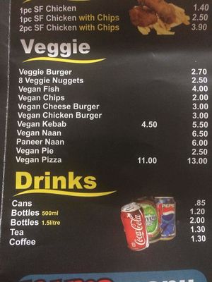 Veggie menu with labelled vegan items at Bobbos Fish Bar in Sileby