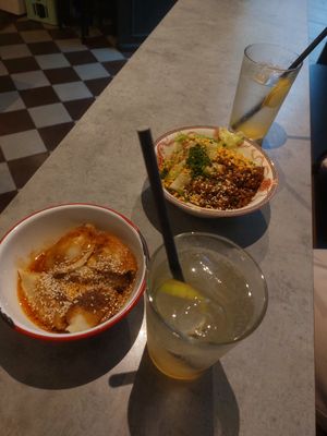 potato filled dumplings and dan dan noodles at Cai Kitchen in Hamburg