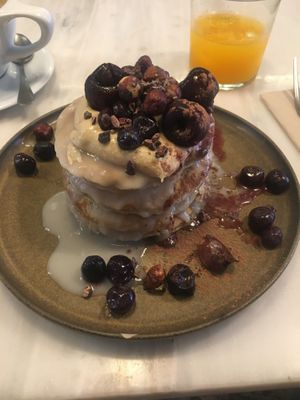 Cherry pancakes. Beware large portion!   at Comoba in Lisbon